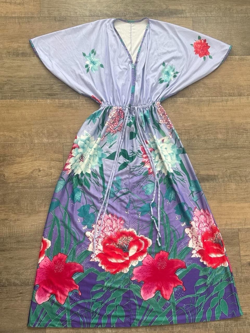 Vintage 70s Floral Kaftan Dress Bohemian Bell Sleeve Maxi Dress